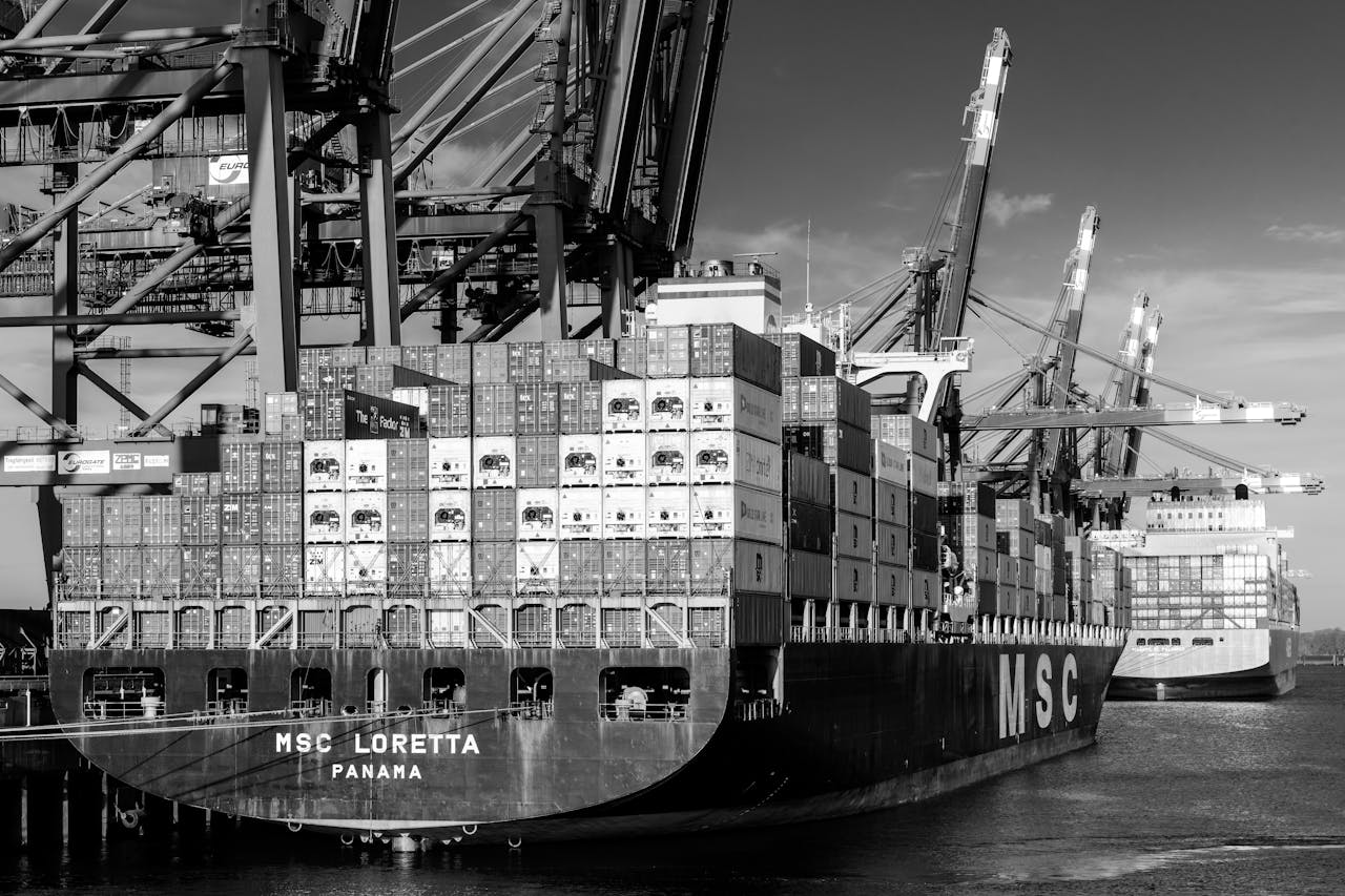 Shipping containers and cranes at Hamburg port showcasing global trade.
